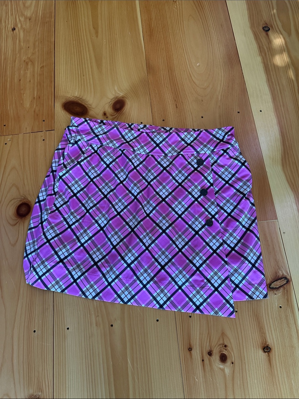 Belyn Key Pink Plaid Wrap Skort with Button Details
